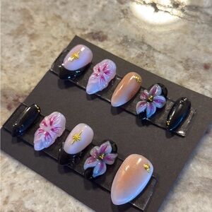 Floral Nail Art Set with Black and Pink Accents